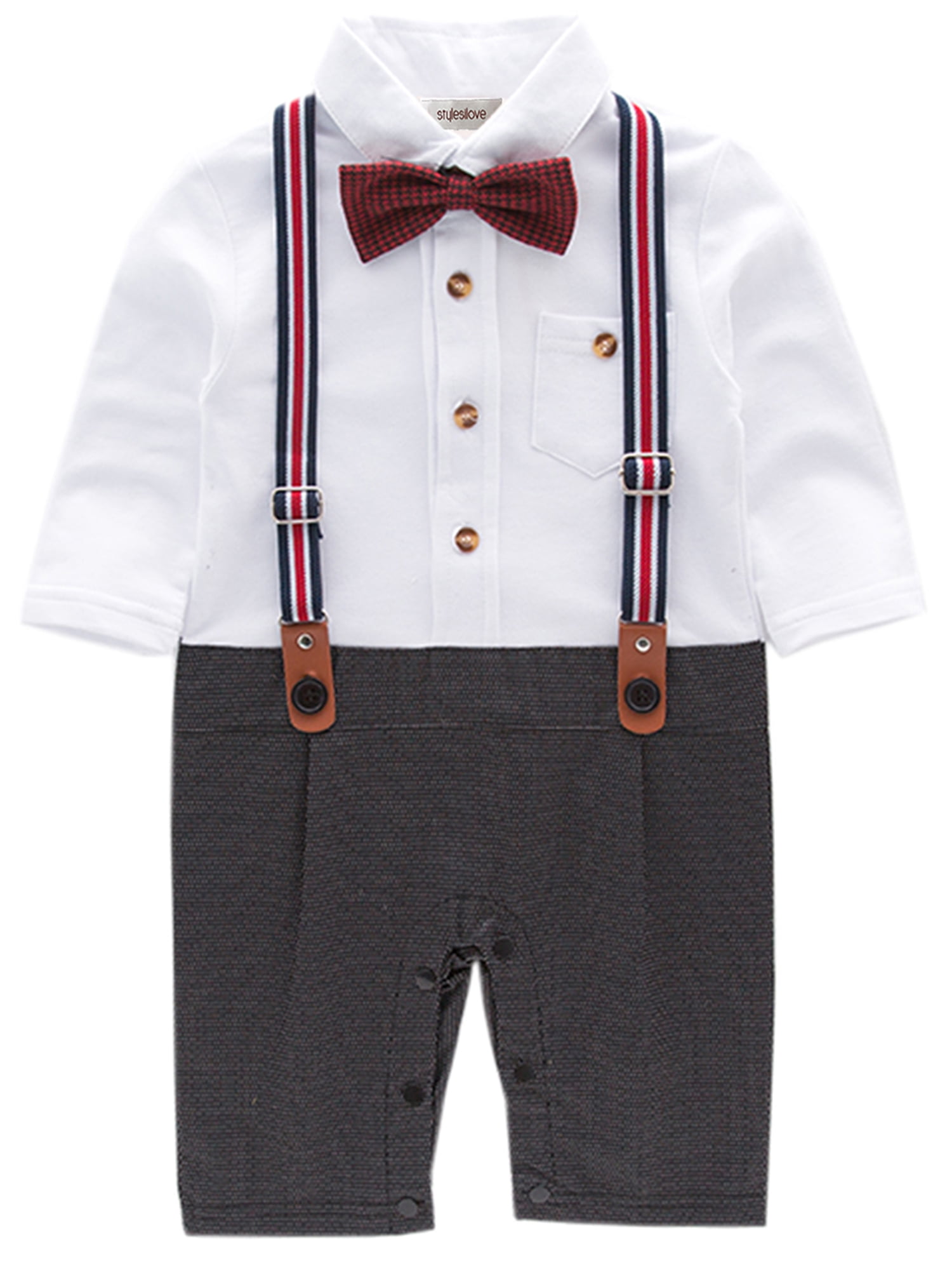 Chic Stripe Suspender Baby Boy Bow-tie Cotton Romper 3-pc Set - 2 Colors  (Black, 95/18-24 Months) 