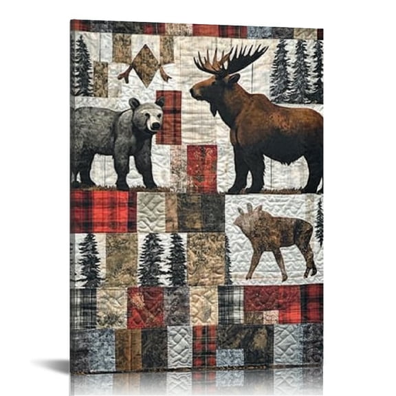 Creowell Bear Moose Quilt Print On Canvas Wall Art Ready to Hang Home Decor Living Room Bathroom Bedroom Office 12x16/16x20 Inches 12x16in