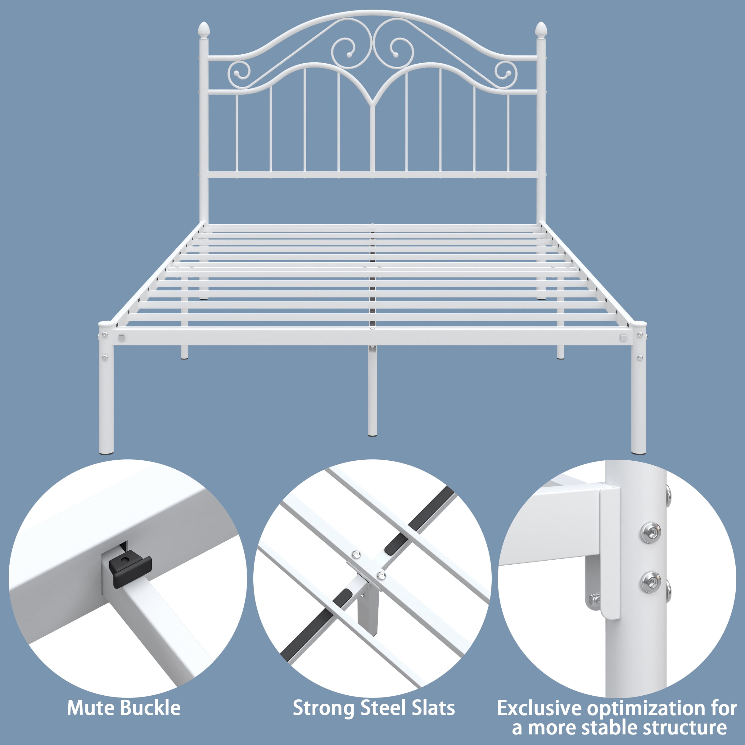 Yoneston Full Size Metal Platform Bed Frame with Vintage Headboard, Sturdy Steel Slat Mattress Foundation with 11" Under-Bed Storage, White