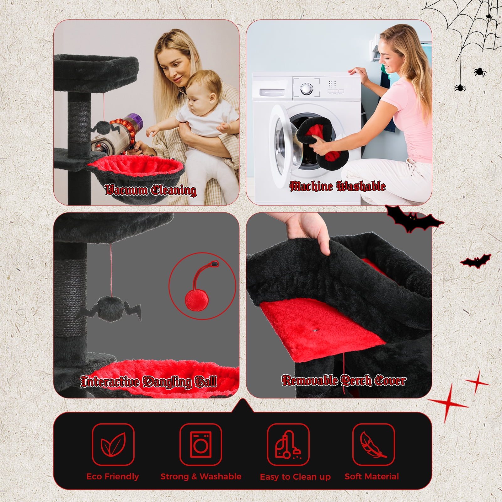 Pefilos 32" Cat Tree Tower, Cute Cat Condo with Sisal Scratching Ramp, Cozy Hammock and Removable Top Bed Perch for Indoor Kittens, Black