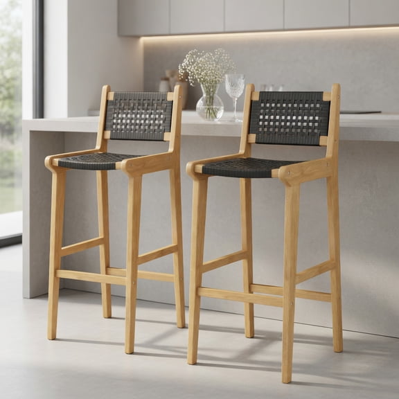 Barara King Bar Stools, Counter Bar Stools,30 Inch Rattan Teak Wood Bar Stool with Backrest and Footrest