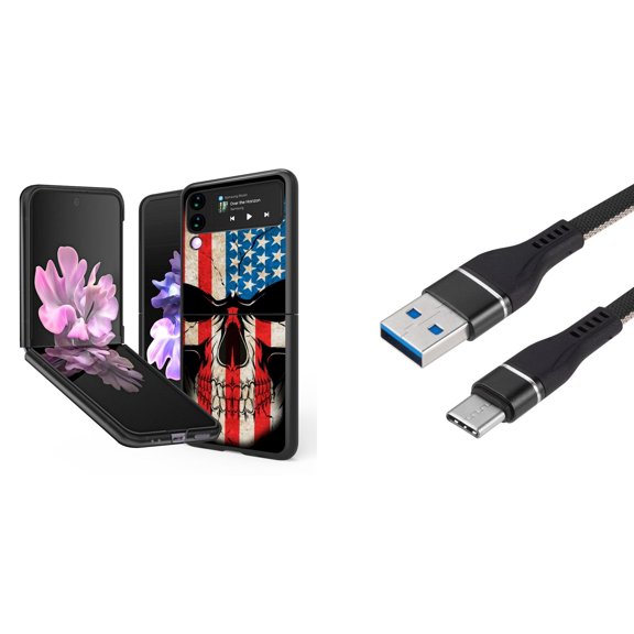Bemz Premium Bundle for Samsung Galaxy Z Flip 3 5G: Slim Snap-On Protector Case (American Flag Skull), Nylon Braided USB-C to USB-A Cable (3 Feet)