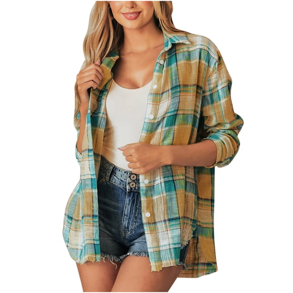 IROINNID Women's Shacket Jacket Long Sleeve Plaid Turndown Lapel Outwear, Leisure Plaid Shirt Plaid