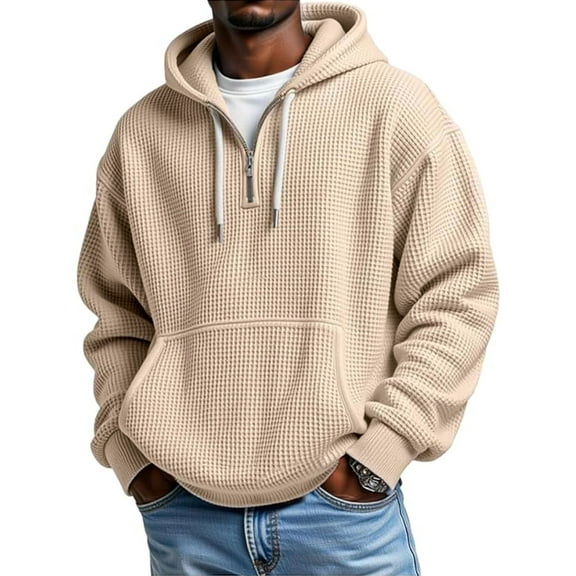 LNWUY Mens Plus Size Hoodies Pullover Quarter Zip Casaul Long Sleeve Drawstring Waffle Knit Hooded Sweatshirt with Pocket Beige L