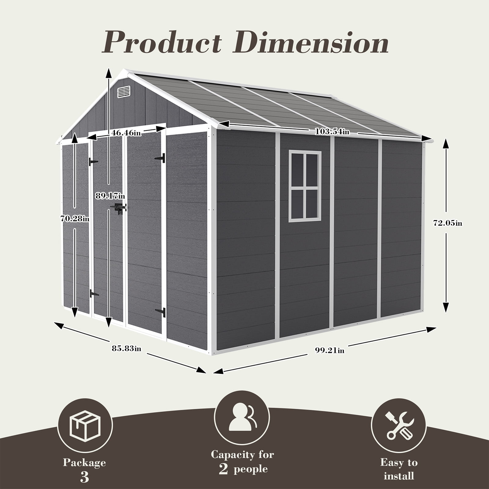8x8 FT Resin Outdoor Storage Shed, Waterproof Plastic Garden Shed, Large Storage Space, Lockable Doors & Windows, Plastic Tool Shed, 12mm Thick PP Board (4X8 FT)