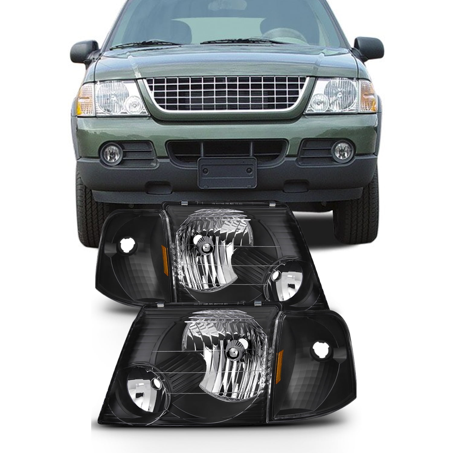 Headlight Assembly Set Replacement for 2002/2003/2004/2005 Ford Explorer Black Housing Headlamp Driver and Passenger Side Front Lights Pair Black Headlight Assembly Set Replacement for 2002/2003/2004/2005 Ford Explorer Black Housing Headlamp Driver and Passenger Side Front Lights Pair Black