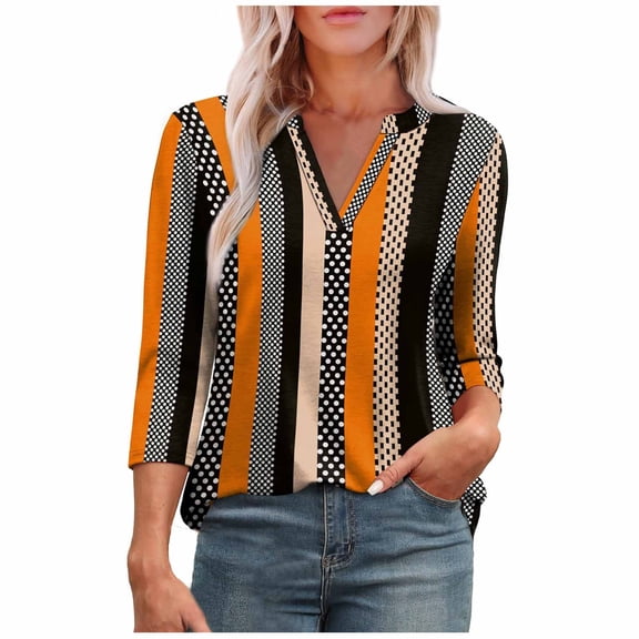 T-Shirts for Women V-Neck 3/4 Sleeve Novelty Printed Casual Blouse Ladies Dressy Tunic Tops Black S