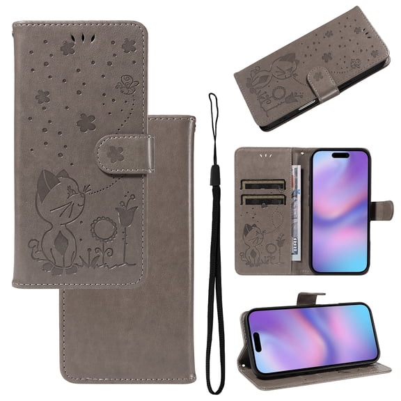 For iPhone 16e/17e Wallet Case Cute Cat Flower Embossed PU Leather Flip Cover [RFID Blocking] with 2 Card Slots Cash Holder Wrist Strap Magnetic Closure Kickstand Folio Case,Gray
