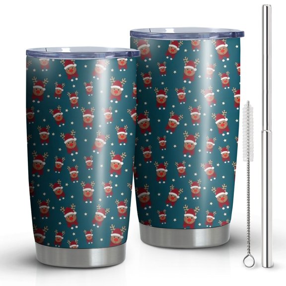 20oz Tumblers Dark Blue Christmas Reindeer Pattern Stainless Steel Vacuum Insulated Double Wall Travel Tumbler Cups Mug with Lid and Straw,Cleaning Brush for Cold & Hot Drinks
