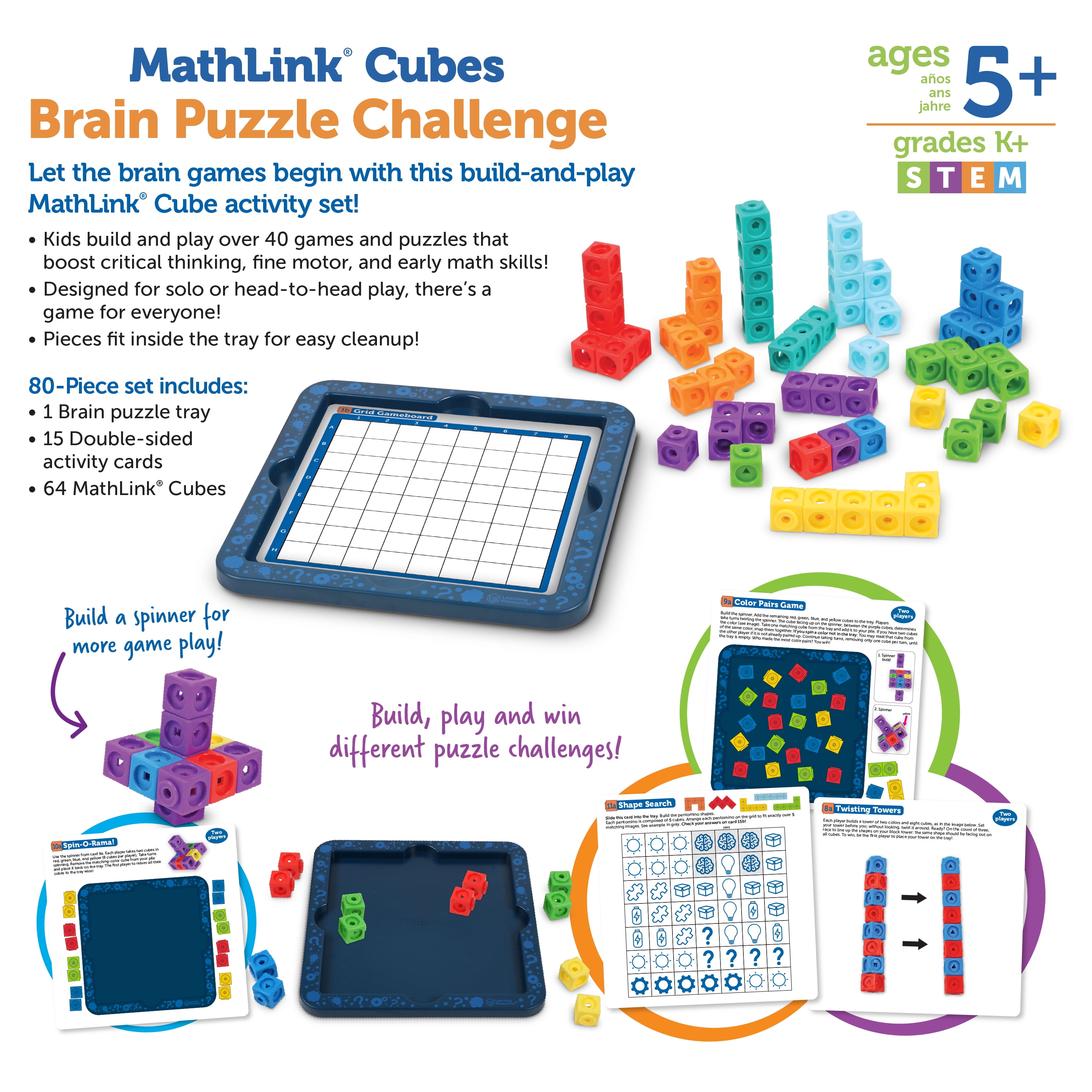 Learning Resources Mathlink Cubes Brain Puzzle Challenge - 80 pieces, STEM Games for Boys and Girls Ages 5+
