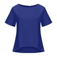 thumbnail image 4 of Quinlirra T shirts for women Womens Solid Color Cotton Linen Shirt With Irregular Hem Short-sleeve Patchwork Loose Round Neck Top, 4 of 5