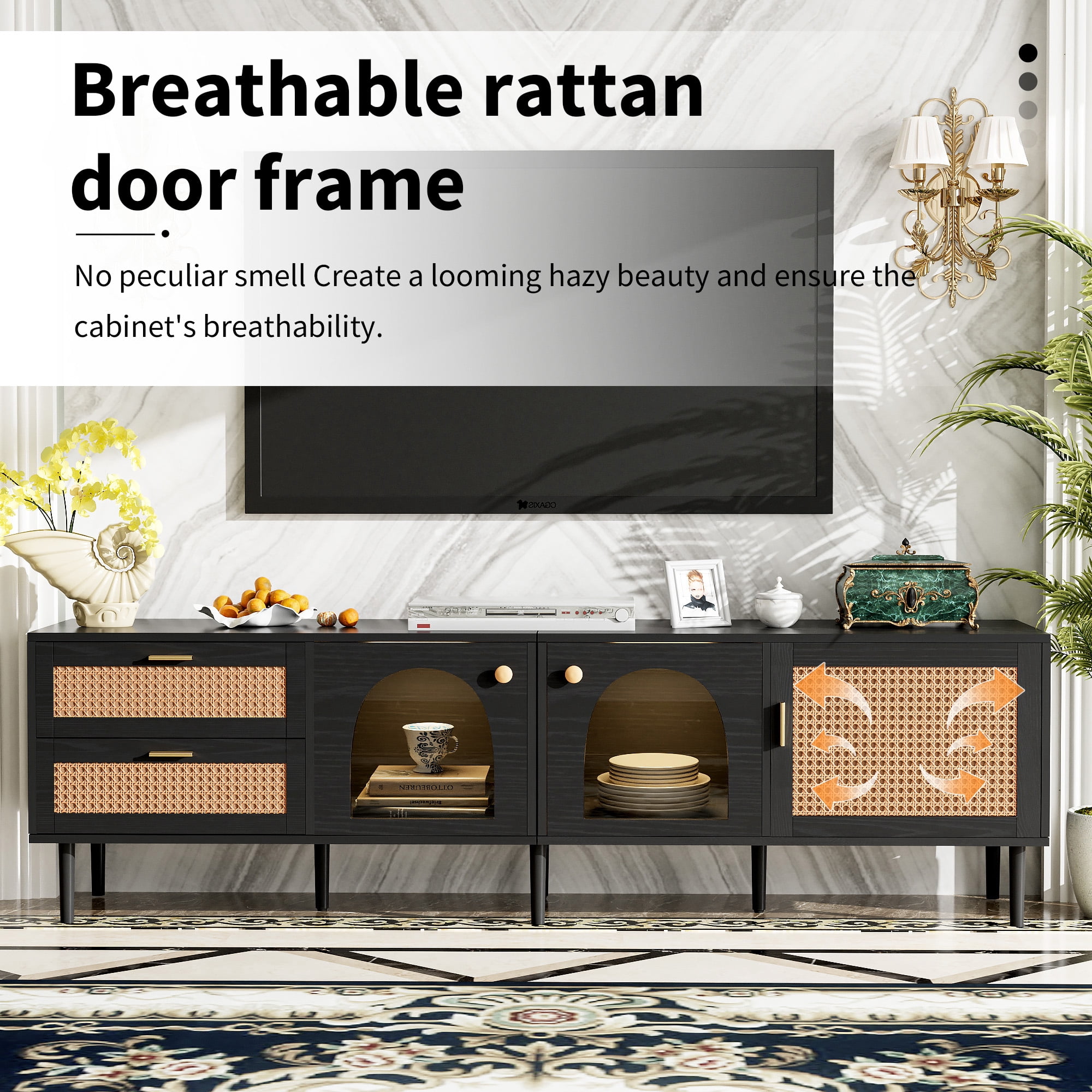 Euroco Rattan TV Stand for TVs up to 80", 70.8" Media Console with Drawers and Cabinets, Boho Entertainment Center with Storage, Sturdy Wooden TV Cabinet for Living Room, Natural Finish