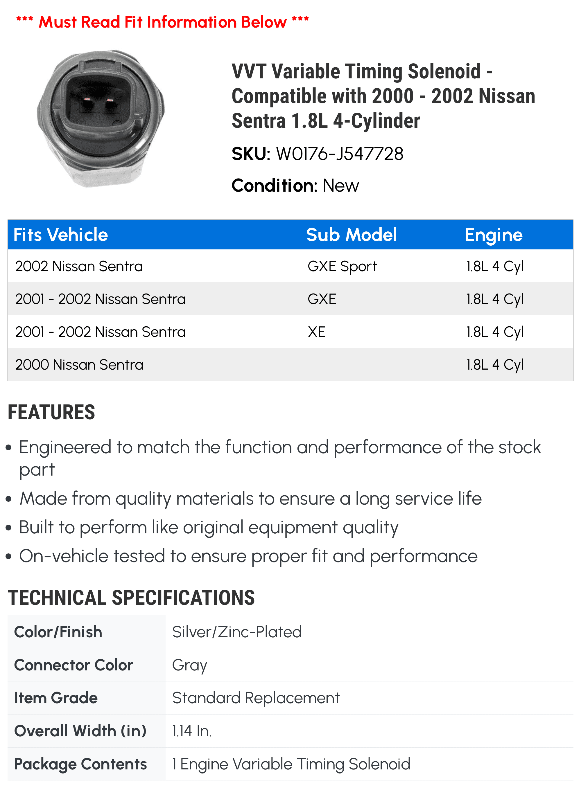 VVT Variable Timing Solenoid - Compatible with 2000 - 2002 Nissan Sentra 1.8L 4-Cylinder 2001