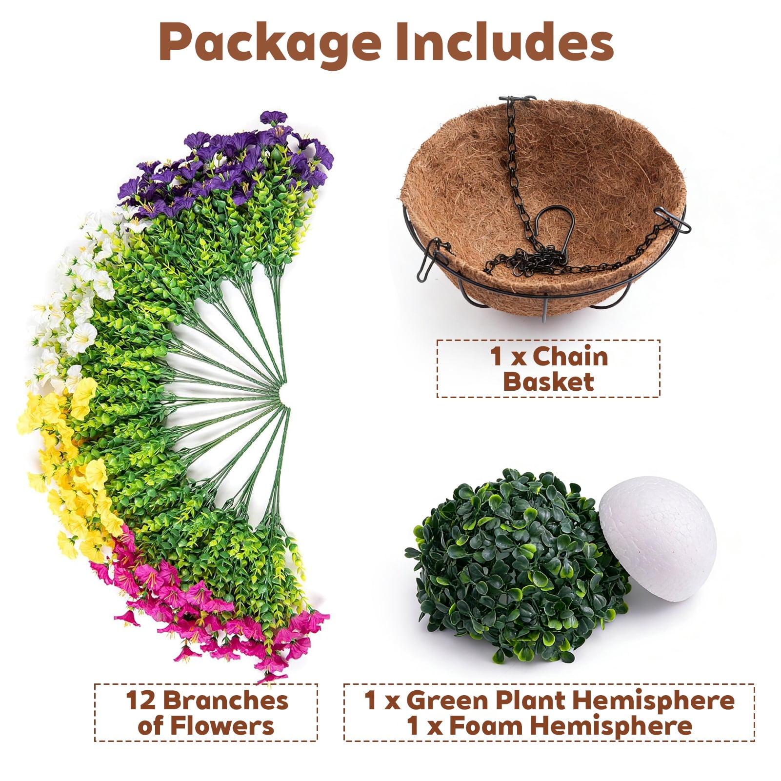 Lumkrypt Artificial Faux Flowers Hanging Basket for Outdoor, 12 Pcs Silk Morning Glory with Eucalyptus,UV & Fade Resistant for Porch Patio Balcony Garden Yard Home Decor