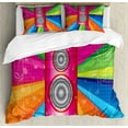 thumbnail image 1 of Vintage Rainbow Queen Size Duvet Cover Set, Discotheque Pop Party of the 60s 70s Theme Musical Notes and Pink Stereo, Decorative 3 Piece Bedding Set with 2 Pillow Shams, Multicolor, by Ambesonne, 1 of 3