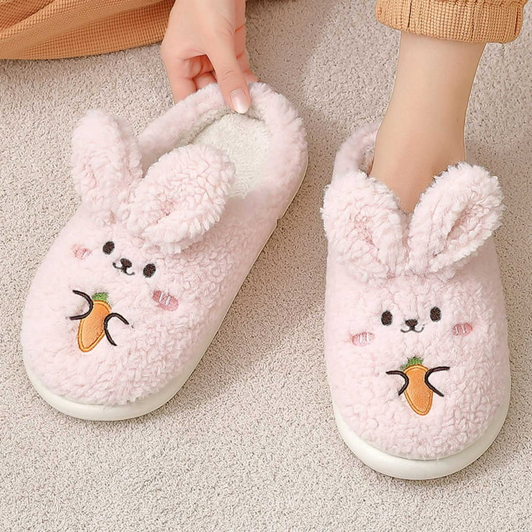 Women Shoes Couples Women Slip On Furry Plush Flat Home Winter Round Toe  Keep Warm Cartoon Rabbit Ear Slippers Shoes Pink 6.5