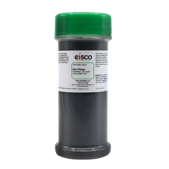 Coarse Iron Filings, 1 LB (454g) in Sprinkle Bottle - 20 Mesh Iron Shavings for Magnets - Eisco Labs