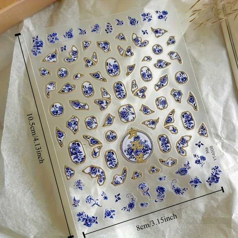 5D Embossed Chinese Style Nail Stickers - Shiny Self-Adhesive Floral Ceramic Design with Golden Accents for Nail Art and Decoration