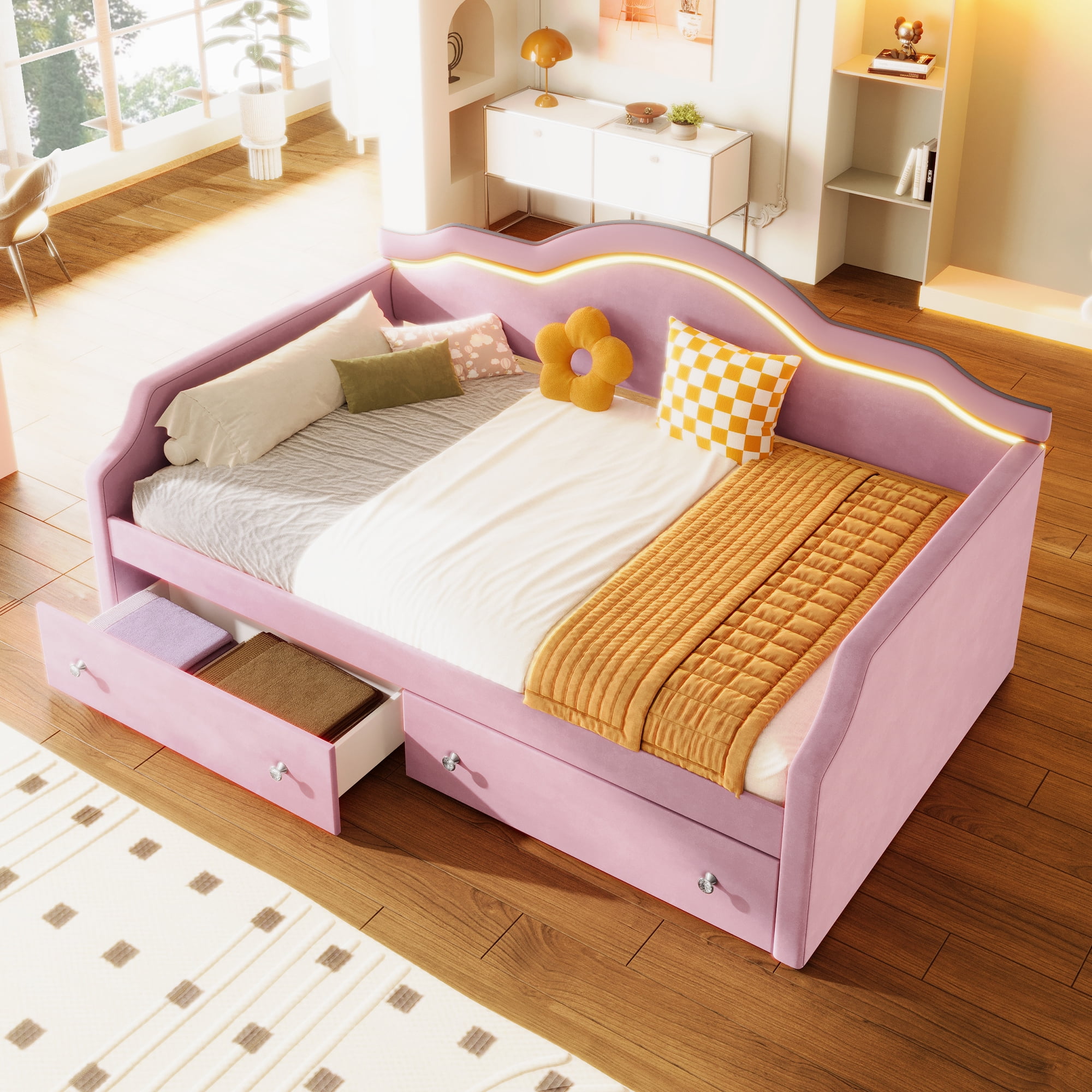 Euroco Upholstered Twin Size Daybed with LED Light and 2 Drawers, Pink