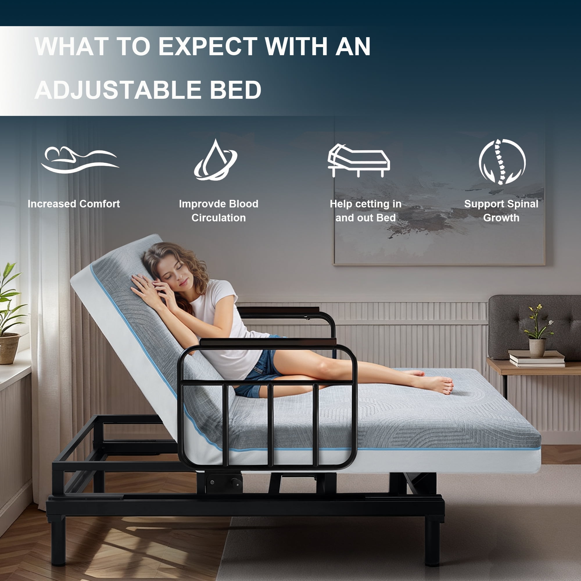 Montary Electric Hospital Bed - One-Touch Remote Back/Leg Adjust, Safety Rails & Stand Assist, for Elderly/Pregnancy Care