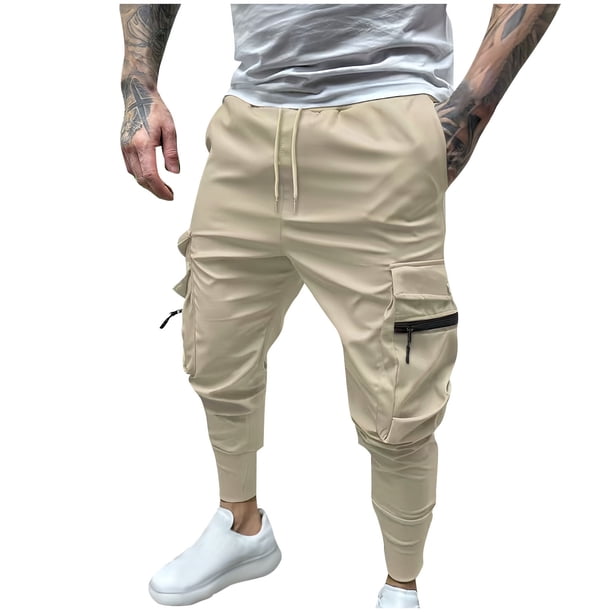 Pantalones largos para hombre, elásticos, de color liso, con cremallera, múltiples bolsillos, cintura elástica, cordón ajustable, de poliéster.