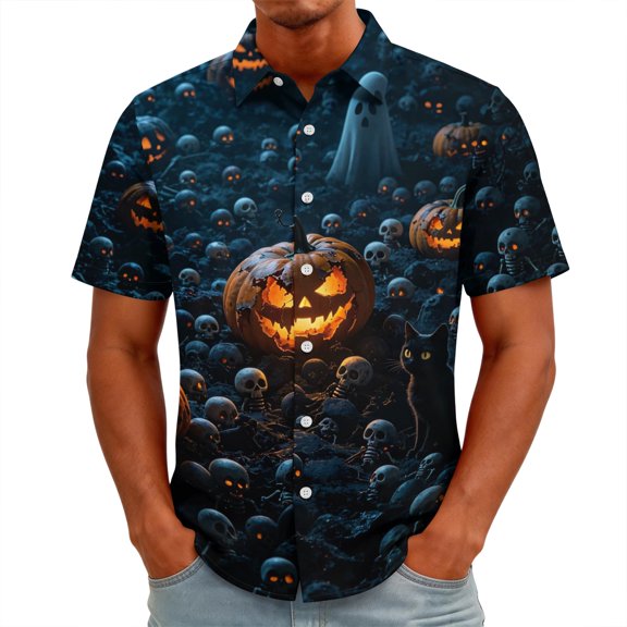 GrmtClth Men’s Relaxed Fit All Over Print Button Down Shirt Short Sleeve Halloween Ghost Bat Pumpkin Coffin Rose Collar Outdoor Casual Blouse Wine 5XL