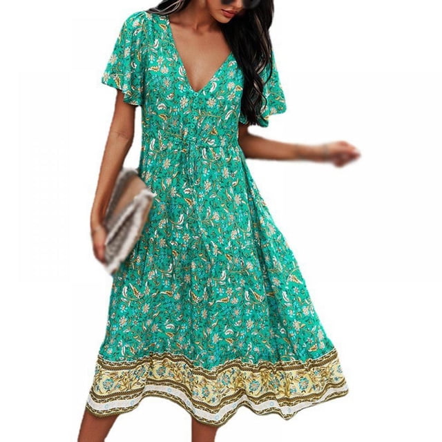 CNKOO Robes Bohèmes à Imprimé Floral Col en V Manches Courtes Décontractées Plage Maxi Longue Robe