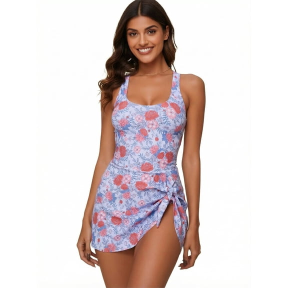 Women's Floral Print One-Piece Swimdress Swimsuit with Tummy Control, Ruched Front and Built-in Skirt - Modest Swim Dresses for Beach, Pool, Vacation S-XL