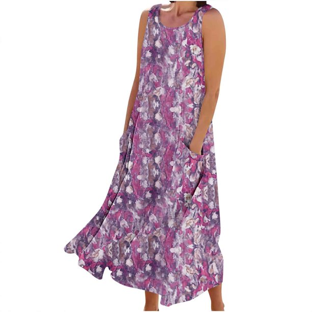 Vestido de Verano para las Mujeres sin Mangas Lino-Look Impreso Maxi, Suelto Fluido Y Vestido Sexy de Moda para las Mujeres