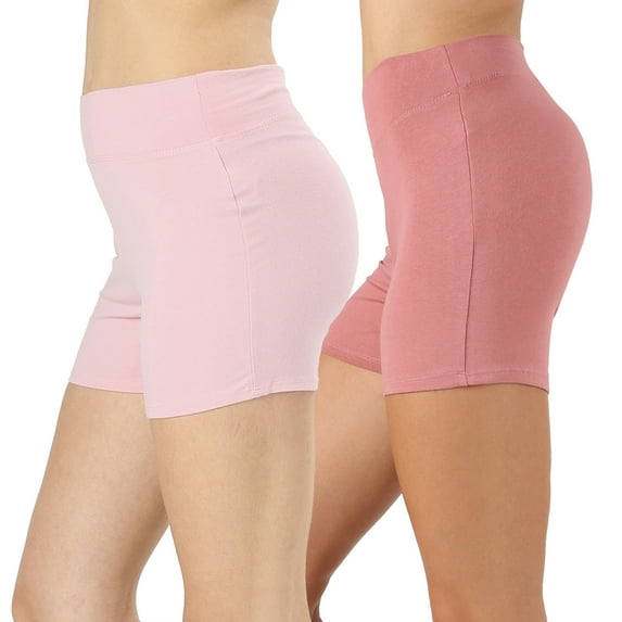Womens & Plus Soft Cotton Stretch High Waist Sports Short Pants with Wide Waist Band (2PK: DUSTY PINK/DUSTY ROSE, M)