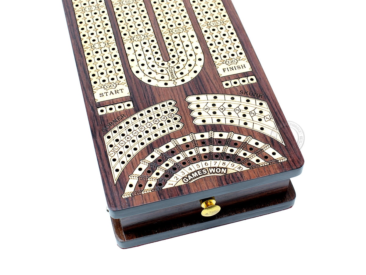 House of Cribbage - Continuous Cribbage Board / Box Inlaid Rosewood / Maple : 4 Track - Side Drawers with Score Marking Fields for Skunks, Corners and Won Games