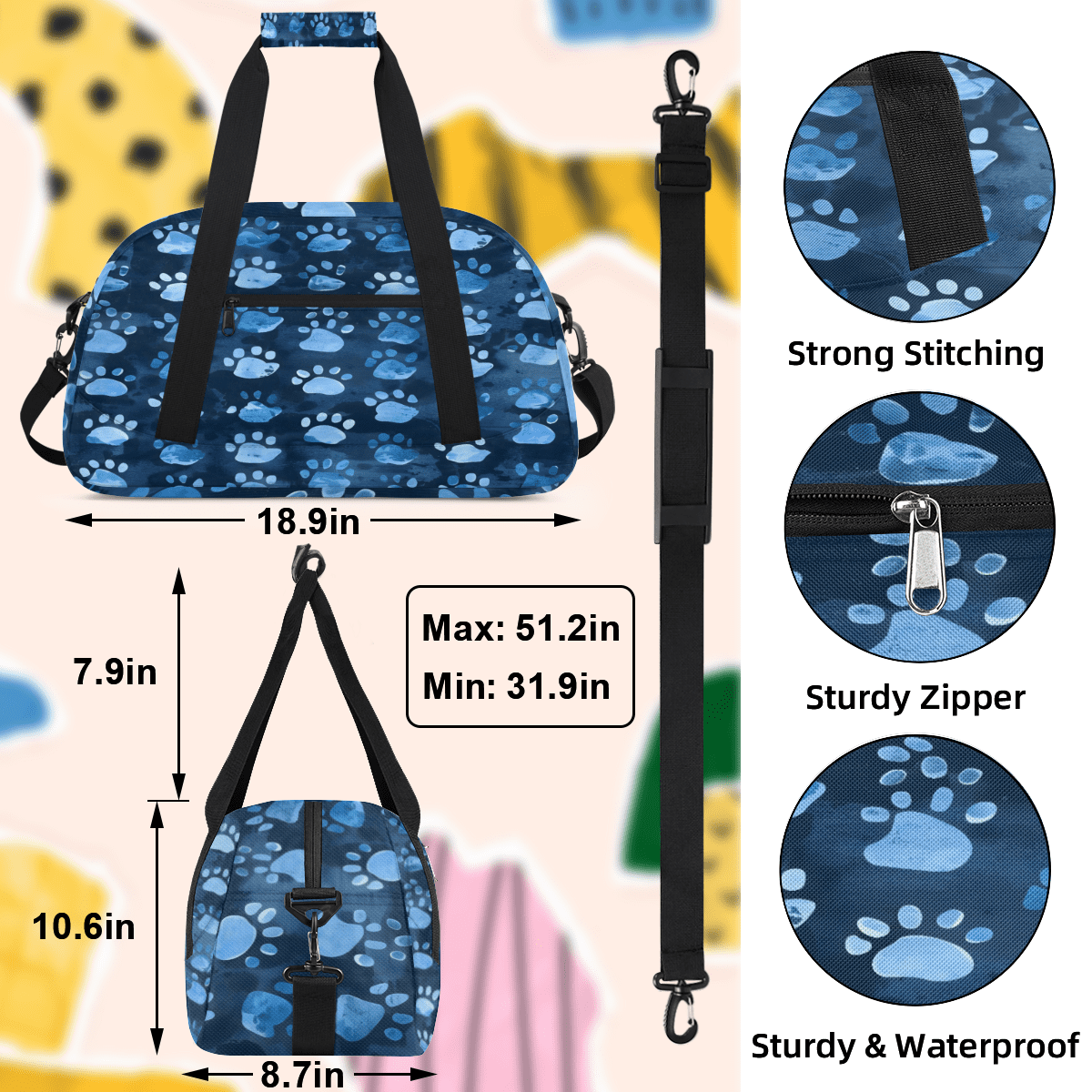 Herdesigns Sports Duffle Bags Travel Duffle Bag Gym Bag Dog Paws Puppy Cat Footprint Weekender Travel Bag Waterproof Overnight Bag Carry On Travel Tote Bag Dance Bags