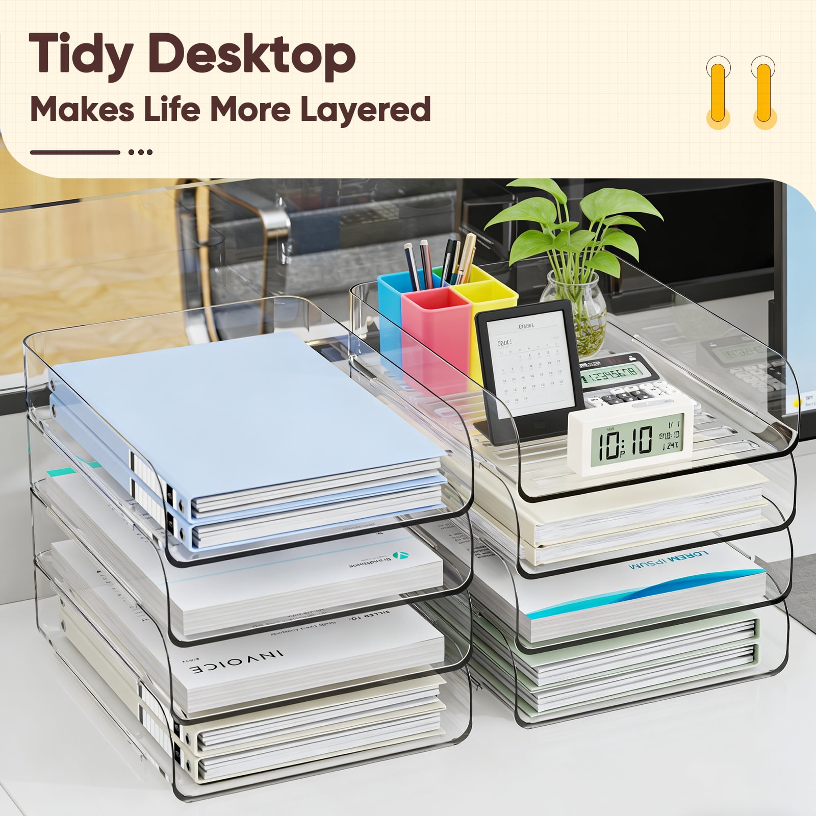HIYOHIYO Plastic 4 Tier A4 Desktop File Organizer, Clear, 4 Count