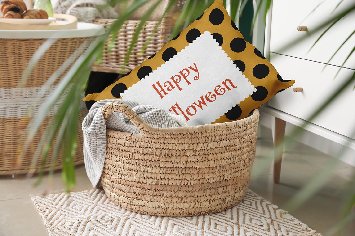 20" x 14" Simply Daisy Halloween Happy Halloween Dots Polyester Indoor/Outdoor Pillow, Golden Mustard Qty 1