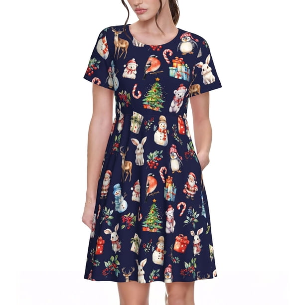 Balery Christmas Critters Delight Vestidos sueltos de manga corta para mujer, vestidos de verano 2025, vestidos casuales de corte A con vuelo.