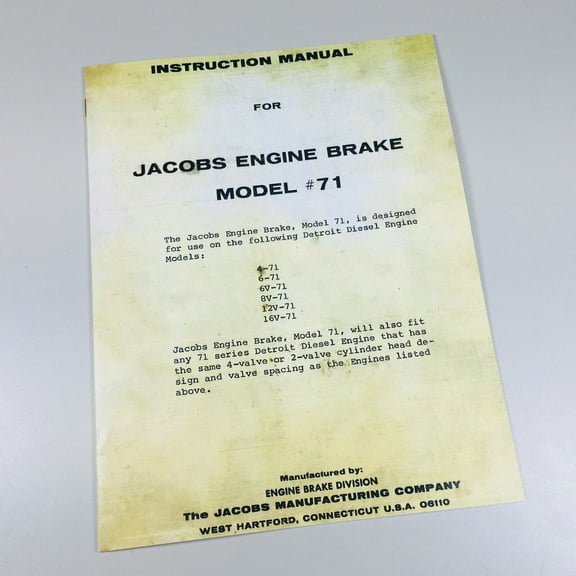Jacobs Engine Brake Model #71 Instruction Manual Detroit Engine 4-71 6-71 6V-71