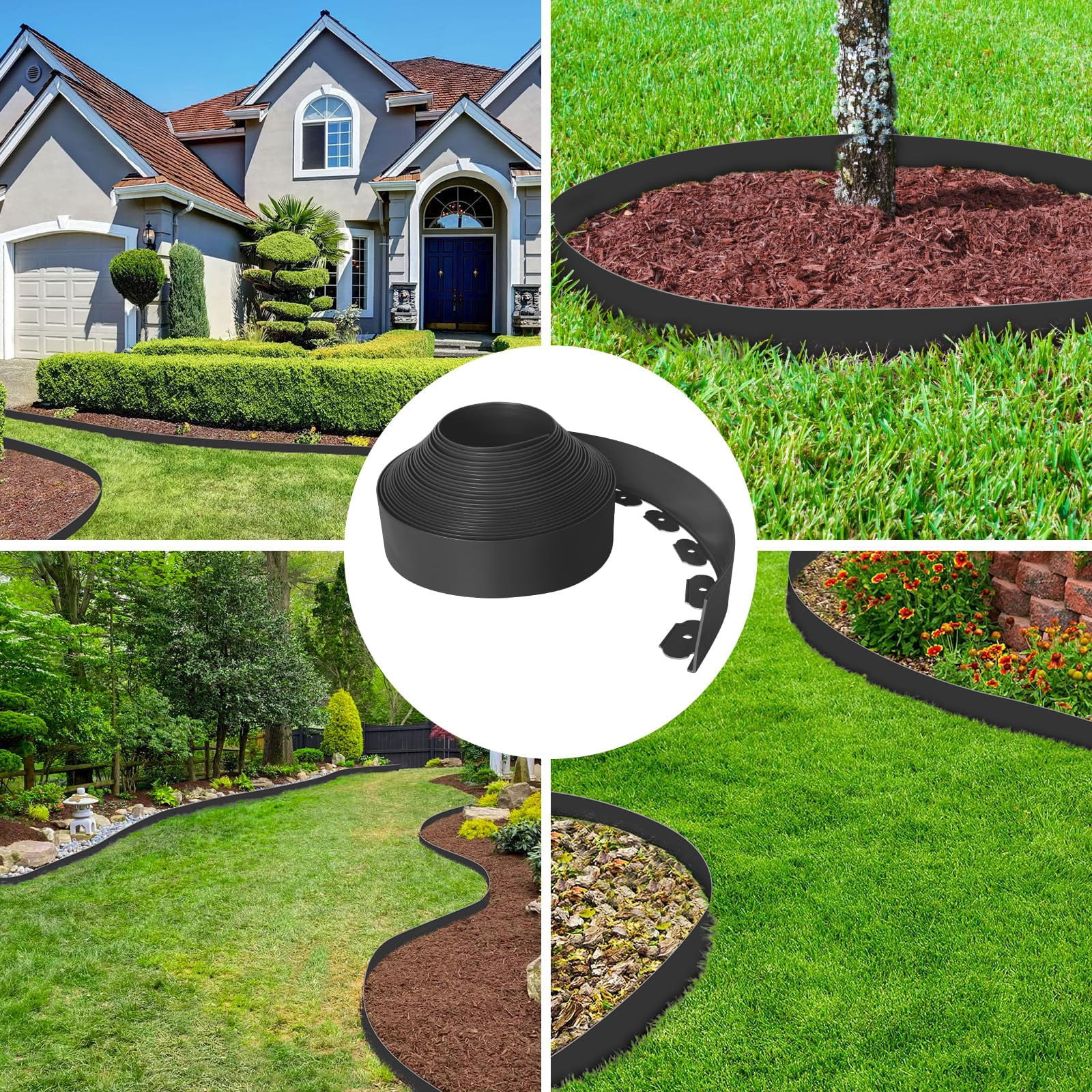 4-Inch x 50 FT Landscape Edging Border with 75 Spikes, Garden Edging Lawn Border Kit, Plastic Edging Border Flexible for Garden Flower Beds Lawn Yard Pathway Paver Edging (Black)