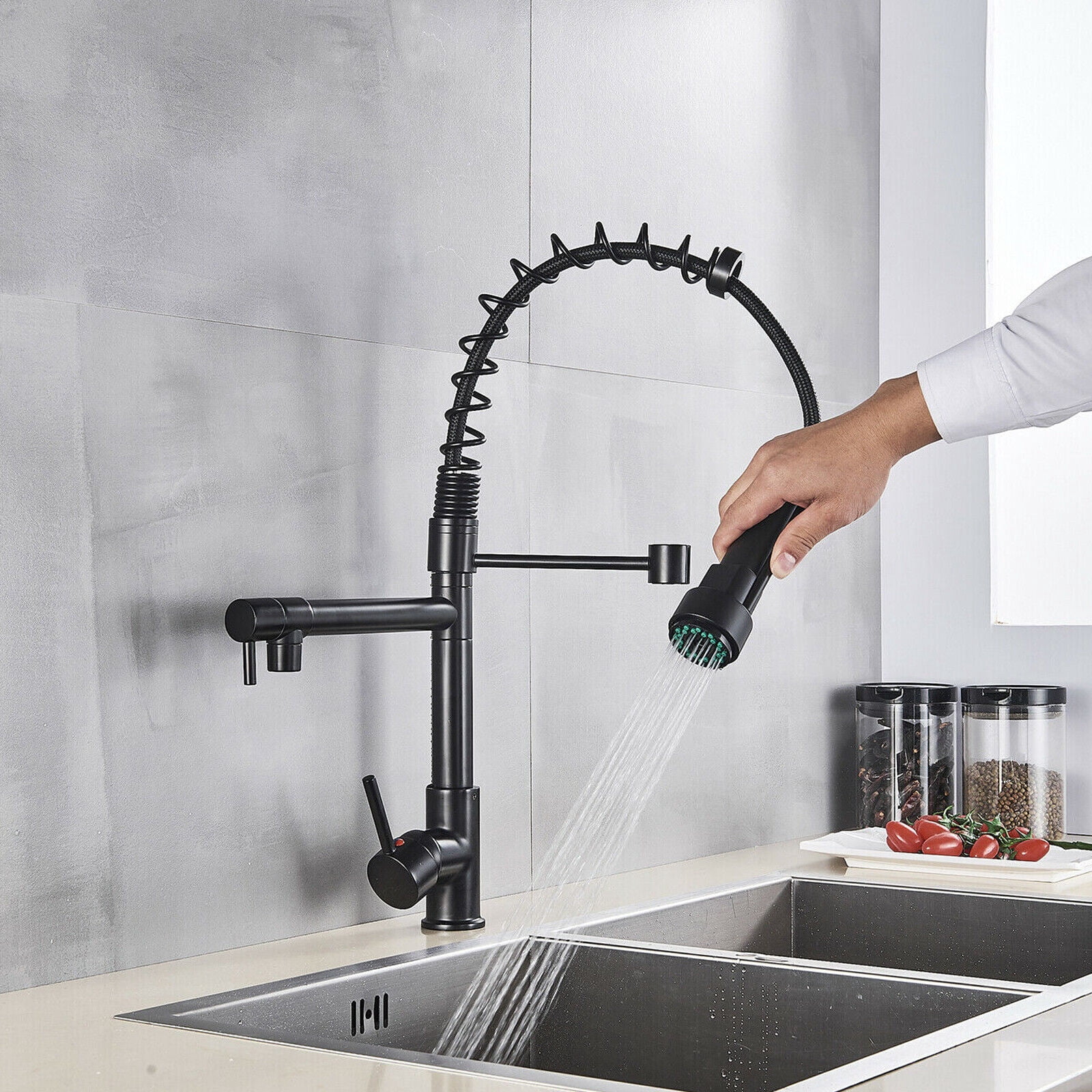 Zovajonia Matte Black Kitchen Faucet Sink Single Handle Pull Down Sprayer Swivel Mixer Tap