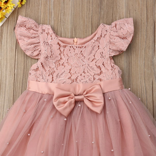 Faithtur Baby Girls Princess Dress Fly Sleeve Lace Pearl Tulle Patchwork  Tutu Sundress 