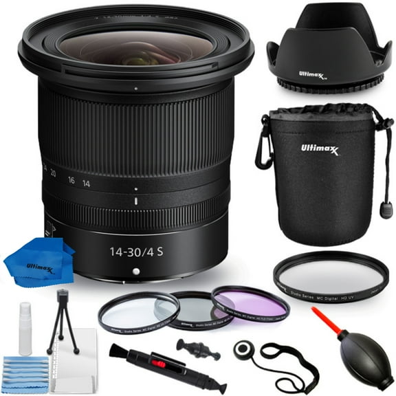 Nikon NIKKOR Z 14-30mm f/4 S Lens - Bundle Includes: 3pc Multi Coated HD Filter Kit, UV Filter, Tulip Lens Hood, Lens Cleaning Pen, Starter Cleaning Kit and Much More (10pc Bundle)