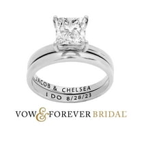 Vow & Forever Personalized Planet Bridal Platinum over Sterling Silver Square White Topaz 2-Piece Engraved Wedding Ring Set ,Women's