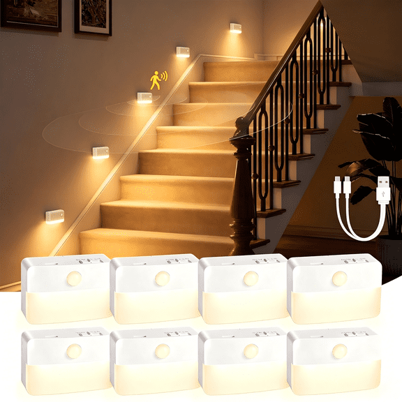 8 Pack Rechargeable Motion Sensor Stair Light, Battery Operated Wireless LED Night Light, Stick on for Hallway Closet Under Cabinet