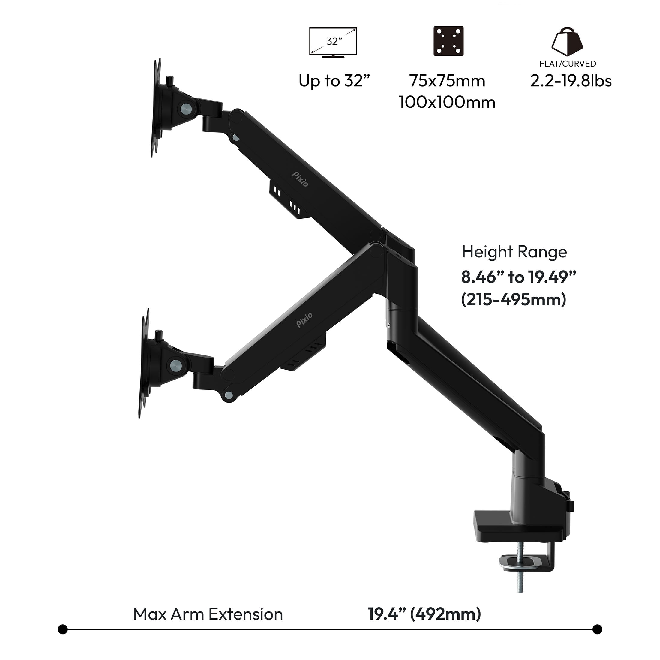 Pixio PS1D Wave Black Dual Monitor Arm Stand Desk Mount - Fits up to 32 inches Monitors and up to 19.8lbs. VESA Compatibility and Integrated Cable Management