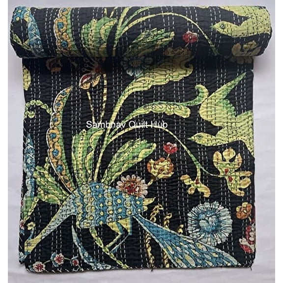 Bird Peacock animal Print Cotton Handmade Handblock Kantha Quilt Bohemain Decor Queen Size / King Size / Twin Size Bedspread Boho Coverlet Throw Blanket with 2 pillow cover