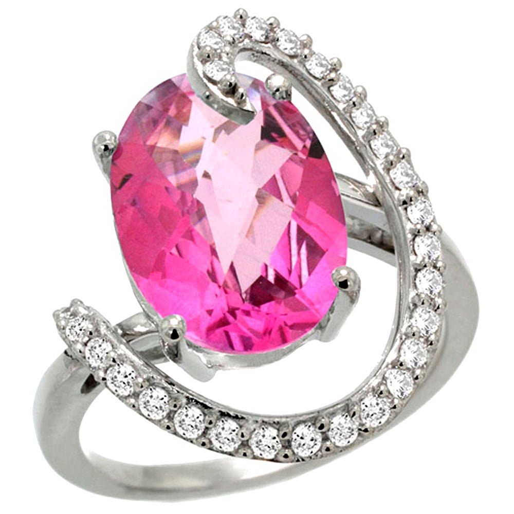 14k White Gold Natural Pink Topaz Ring Oval 14x10 Diamond Accent, 3 4inch wide, size 5.5 by Gabriella Gold