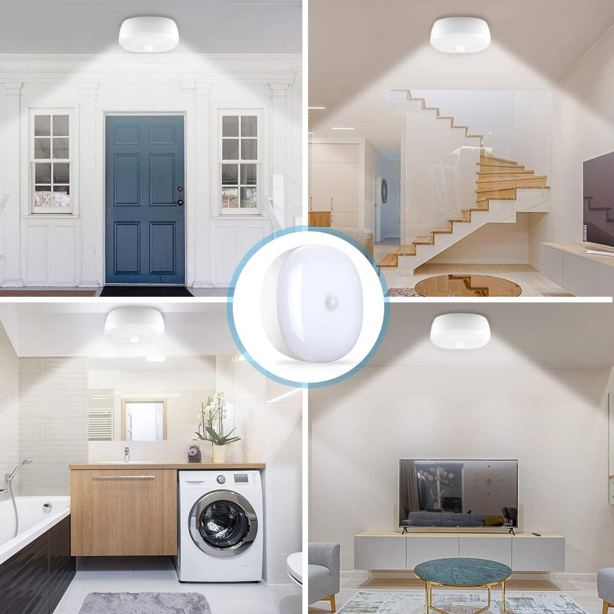 Battery Powered Motion Sensor Ceiling Light, 300 Lumens 5W for Indoor /Outdoor, Closet, Pantry, Stair, Garage, Basement, Shower