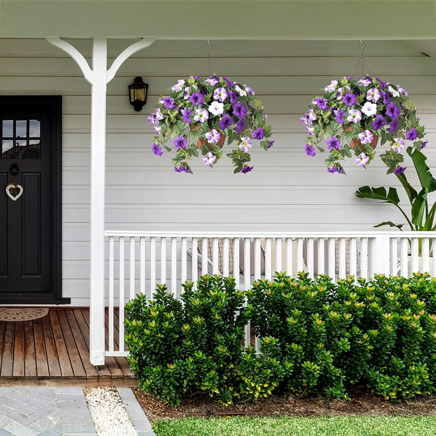 KUNPENG Hanging Basket Window Box Flowers, Mother's Day Garden Decor, Artificial Fake Flowers for Outdoor Decoration, UV Resistant Faux Petunias, Purple White Silk Plants for Porch 3pcs