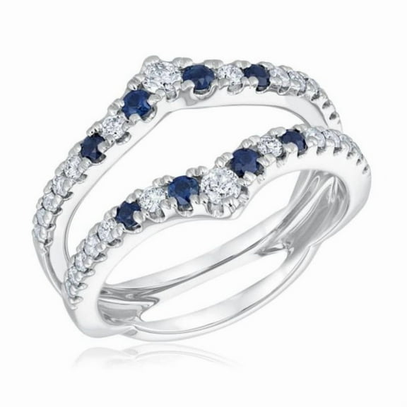 Curved Blue Sapphire & White CZ Double Ring Enhancer in 925 Sterling Silver – Elegant Chevron Guard Wedding Band Set for Women – September Birthstone Jewelry