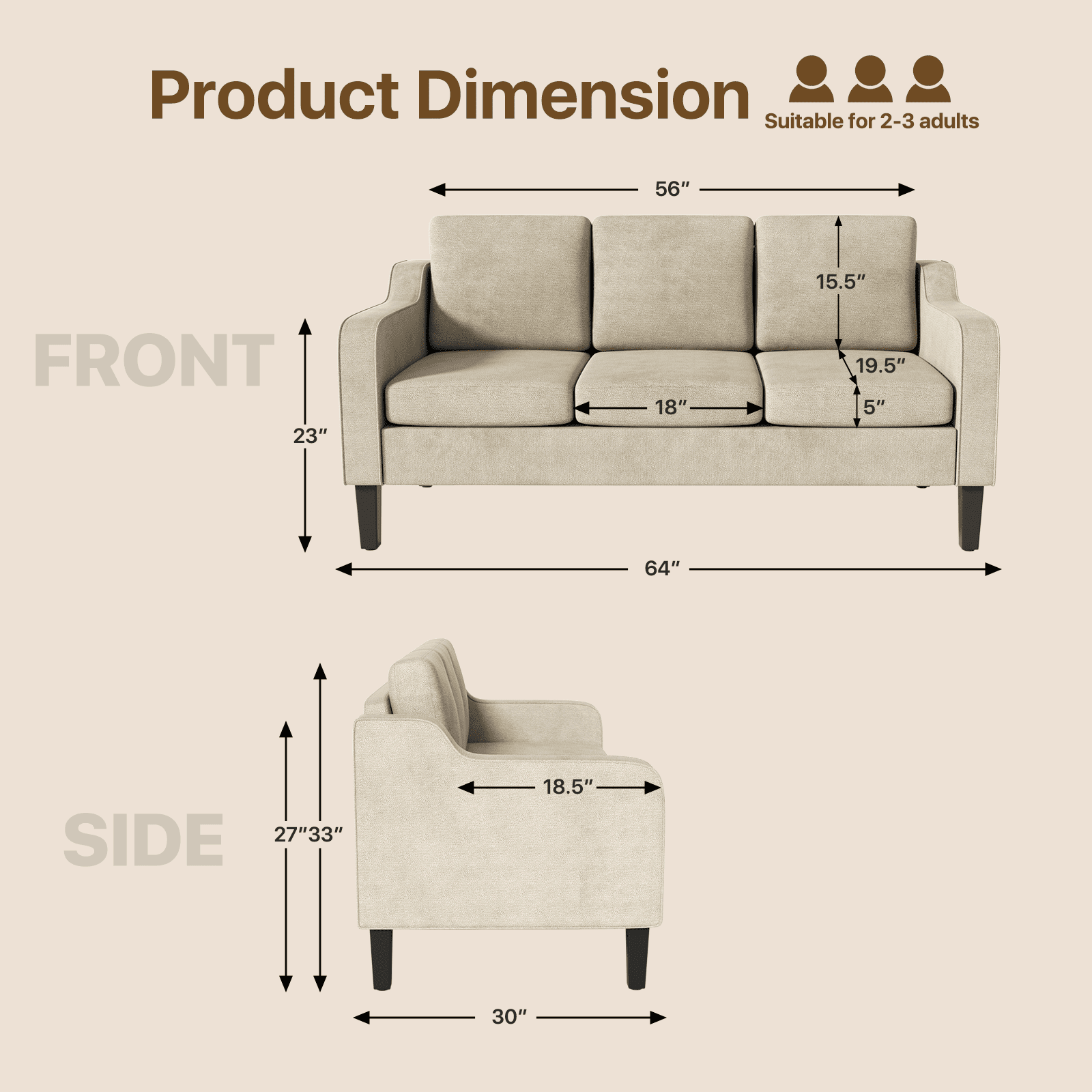 MoNiBloom 64" Apartment Sofa for Small Spaces | Modern 3-Seater Couch with Removable Cushions & Wooden Legs | Compact Living Room, Bedroom Furniture, Beige