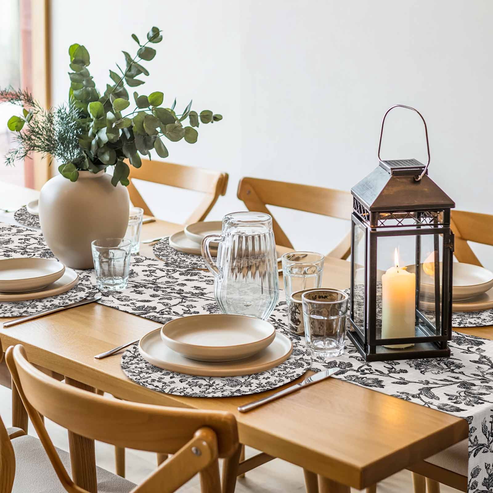 Farmhouse Black Round 13 Inch Placemats Set of 2, Vintage Flower Leaf Botanical Plant HeatResistant Non Slip Place Mats for Dining Table, Wipeable Braided Kitchen Table Mats for Housewarming